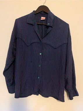 Vintage Mondi Men's Navy and Purple Striped Casual Button-Down Shirt